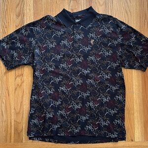 Vintage Ashworth Polo Shirt Short Sleeve Navy Blue Squiggle Floral Men XL
